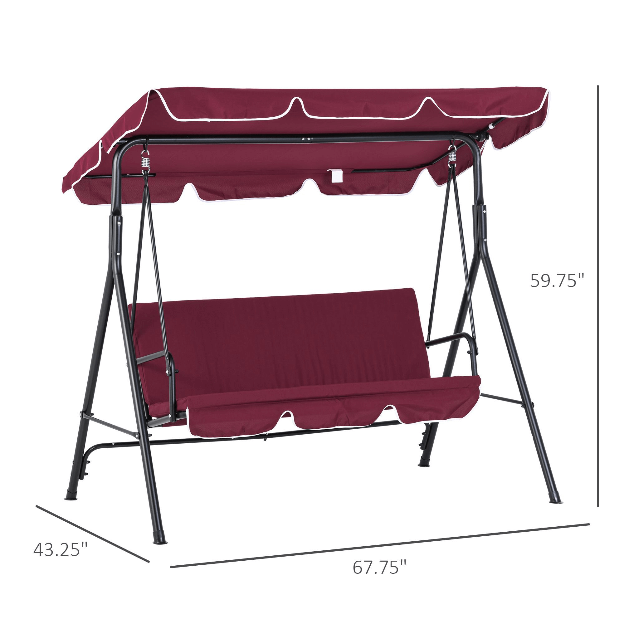 Metal 3 Seater Outdoor Swing Chari Cushioned Garden Lounger Patio Hammock with Frame and Canopy Wine Red